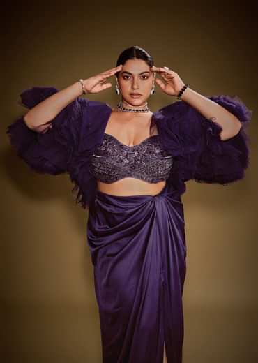 Violet Drape Skirt Set With Sleeveless Blouse And Ruffle Jacket