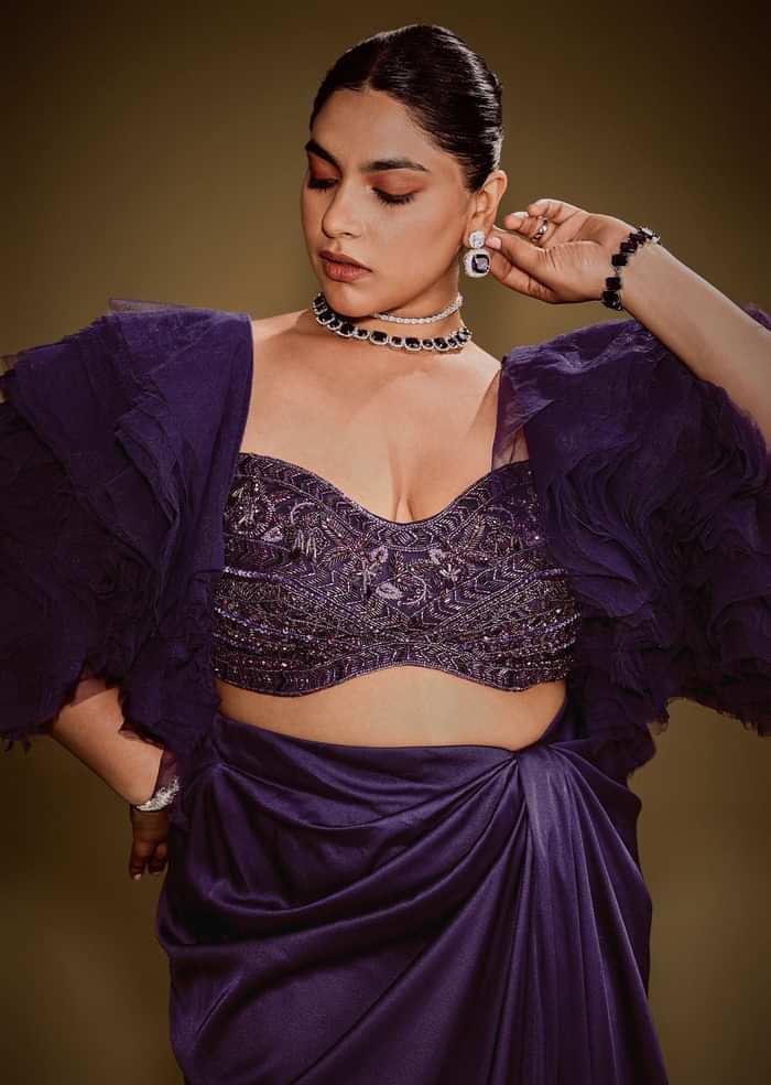 Violet Drape Skirt Set With Sleeveless Blouse And Ruffle Jacket