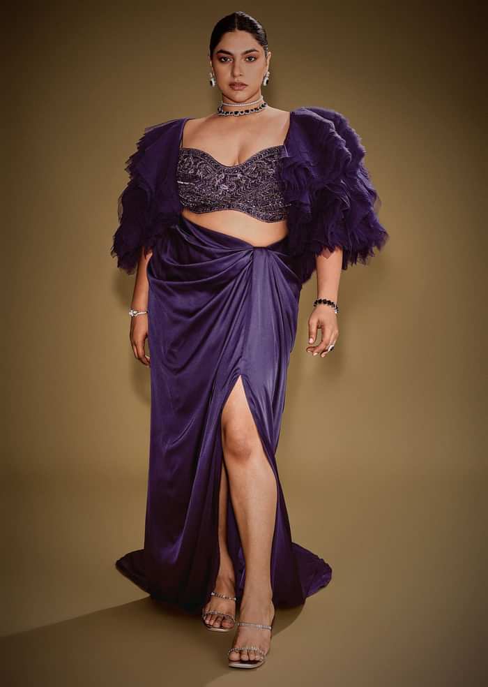 Violet Drape Skirt Set With Sleeveless Blouse And Ruffle Jacket