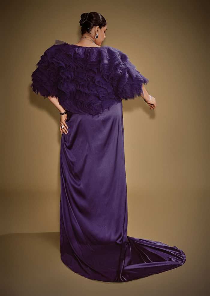 Violet Drape Skirt Set With Sleeveless Blouse And Ruffle Jacket