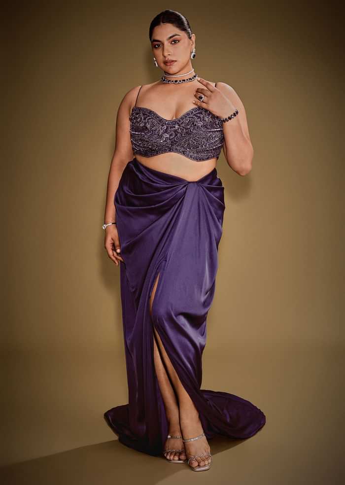 Violet Drape Skirt Set With Sleeveless Blouse And Ruffle Jacket