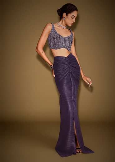 Violet Drape Skirt With Embroidered Blouse Belt And Dupatta