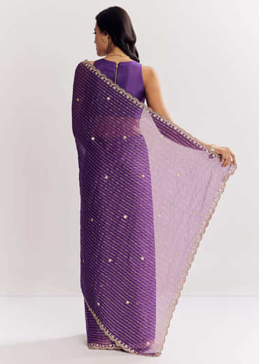 Violet Georgette Saree With Foil Stripes And Gota Patti Mirror Work
