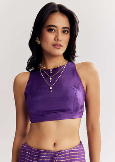 Violet Georgette Saree With Foil Stripes And Gota Patti Mirror Work