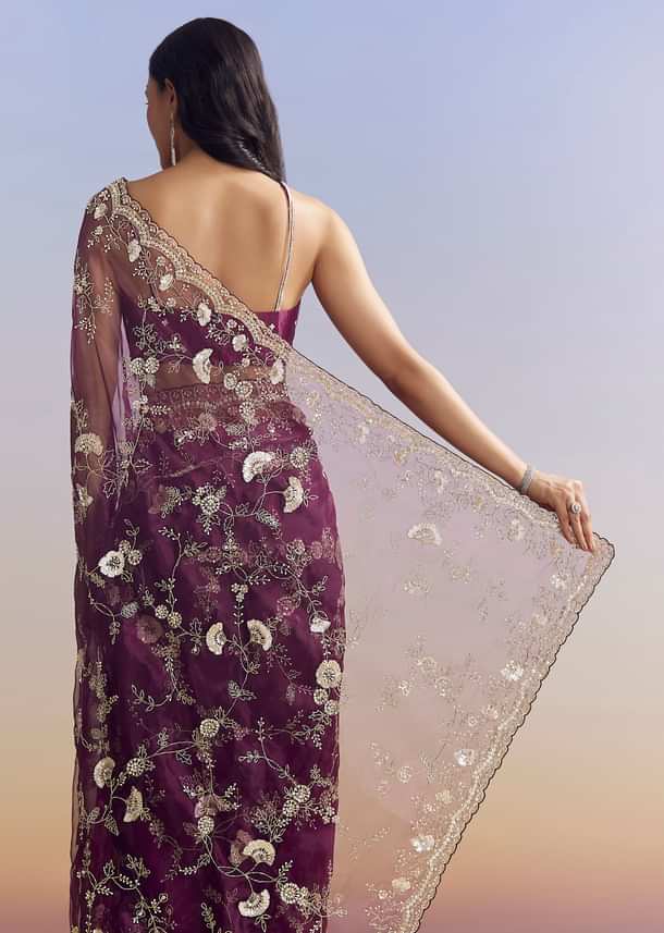 Violet Organza Saree With All Over Embroidered Floral Jaal