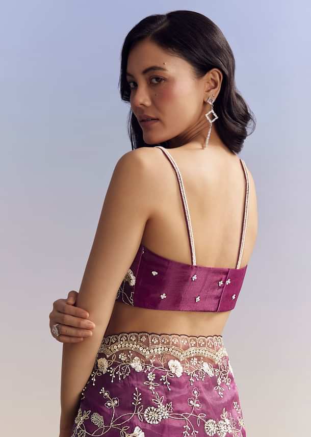 Violet Organza Saree With All Over Embroidered Floral Jaal