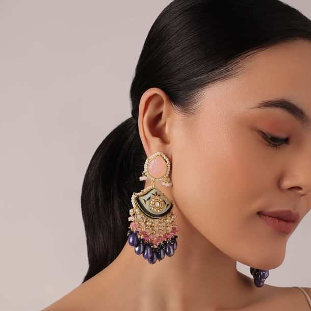 Violet Danglers With Evil Eye Meenakari Motif And Bead Drops Violet Danglers With Evil Eye Meenakari Motif And Bead Drops