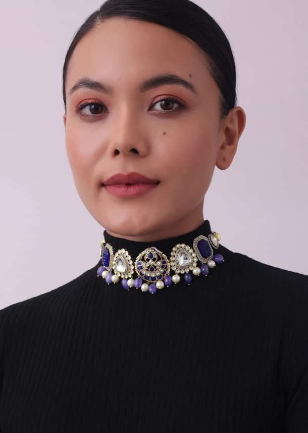 Violet Jadau Choker And Earring Set In Gold Finish With Stones Violet Jadau Choker And Earring Set In Gold Finish With Stones