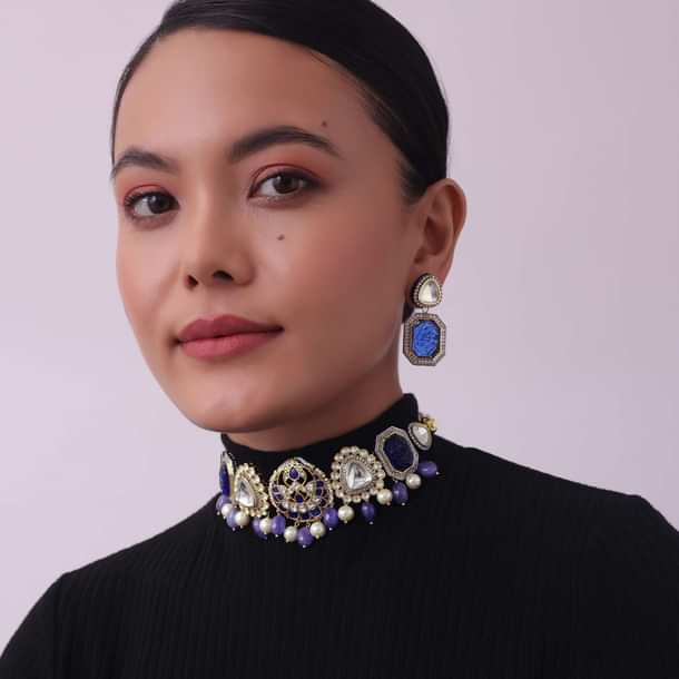 Violet Jadau Choker And Earring Set In Gold Finish With Stones Violet Jadau Choker And Earring Set In Gold Finish With Stones