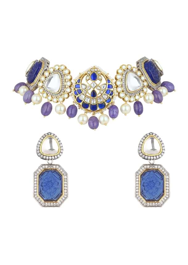 Violet Jadau Choker And Earring Set In Gold Finish With Stones Violet Jadau Choker And Earring Set In Gold Finish With Stones