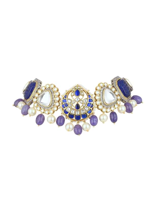 Violet Jadau Choker And Earring Set In Gold Finish With Stones Violet Jadau Choker And Earring Set In Gold Finish With Stones
