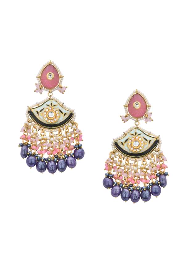 Violet Kundan Danglers With Tiered Multicolor Bead Drops Violet Kundan Danglers With Tiered Multicolor Bead Drops