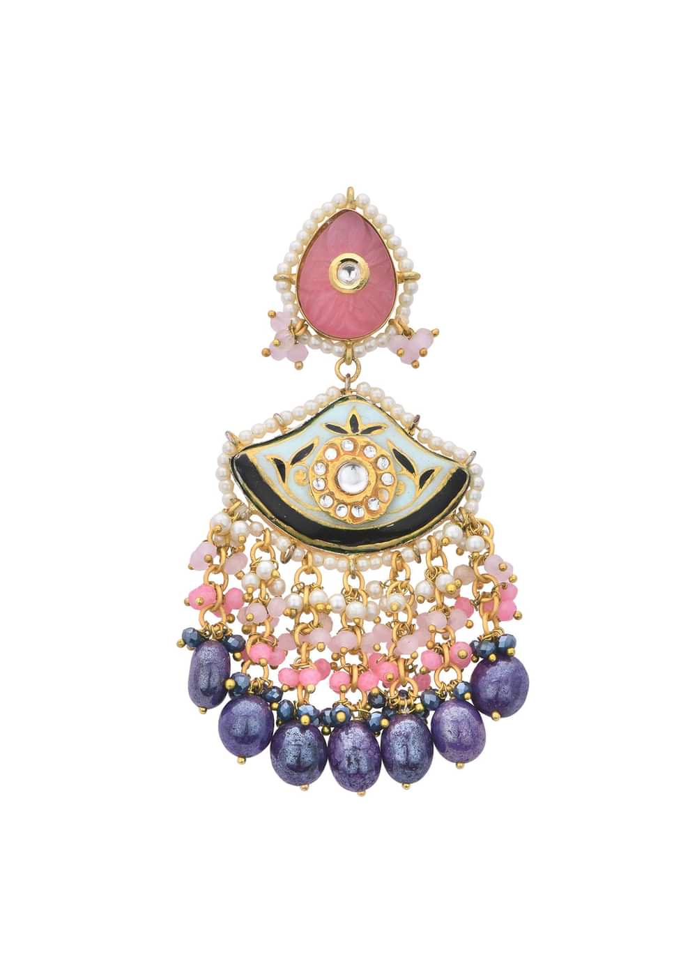 Violet Kundan Danglers With Tiered Multicolor Bead Drops