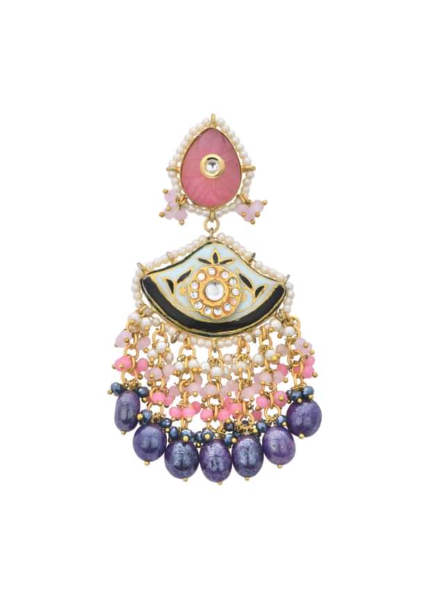 Violet Kundan Danglers With Tiered Multicolor Bead Drops Violet Kundan Danglers With Tiered Multicolor Bead Drops