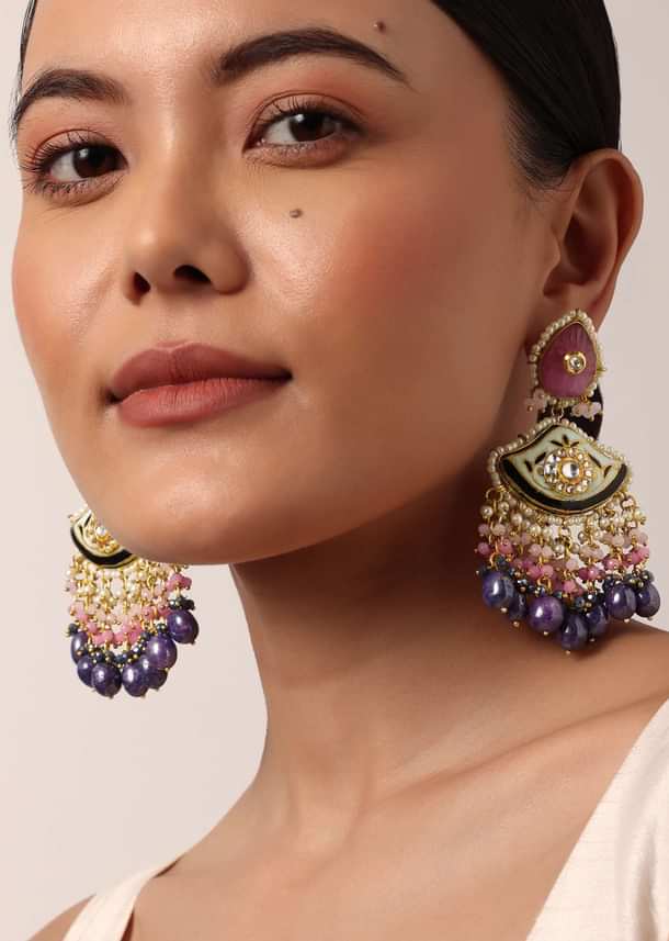 Violet Kundan Danglers With Tiered Multicolor Bead Drops Violet Kundan Danglers With Tiered Multicolor Bead Drops