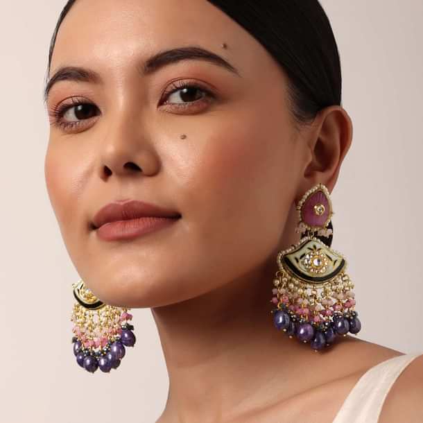 Violet Kundan Danglers With Tiered Multicolor Bead Drops Violet Kundan Danglers With Tiered Multicolor Bead Drops