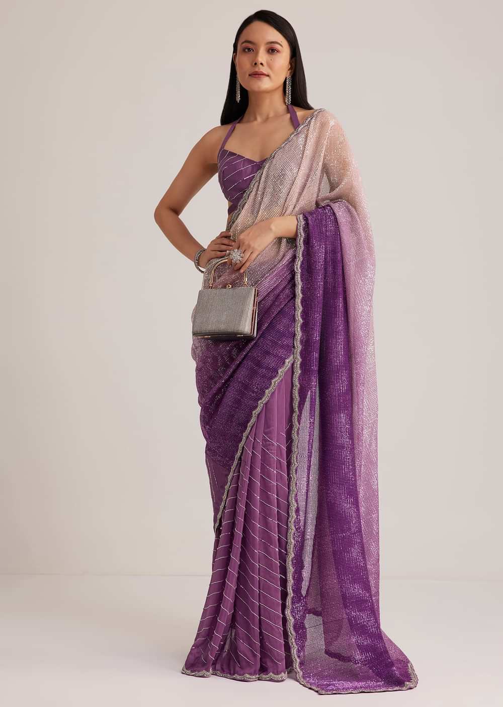 Violet Ombre Sequins Saree With Scallop Border