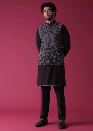 Violet Purple Jacket Kurta Set In Silk With Threadwork