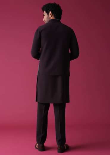 Violet Purple Jacket Kurta Set In Silk With Threadwork