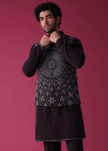 Violet Purple Jacket Kurta Set In Silk With Threadwork