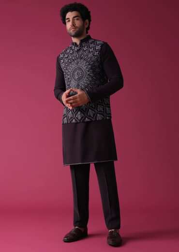 Violet Purple Jacket Kurta Set In Silk With Threadwork