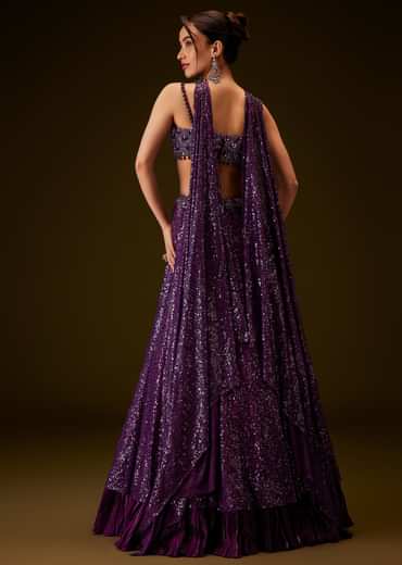 Violet Sequin Lehenga Set With Hand Embroidered Choker Dupatta