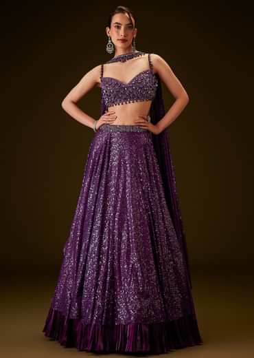 Violet Sequin Lehenga Set With Hand Embroidered Choker Dupatta