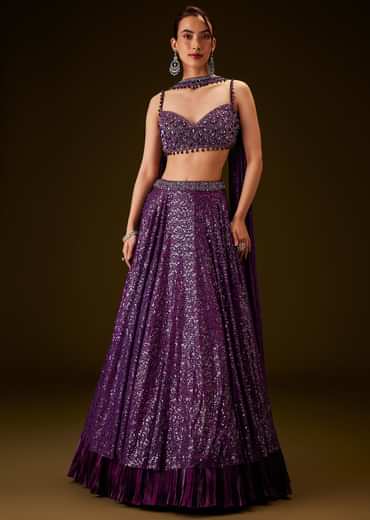 Violet Sequin Lehenga Set With Hand Embroidered Choker Dupatta