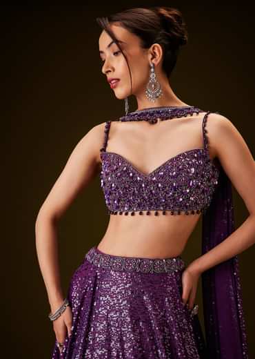 Violet Sequin Lehenga Set With Hand Embroidered Choker Dupatta