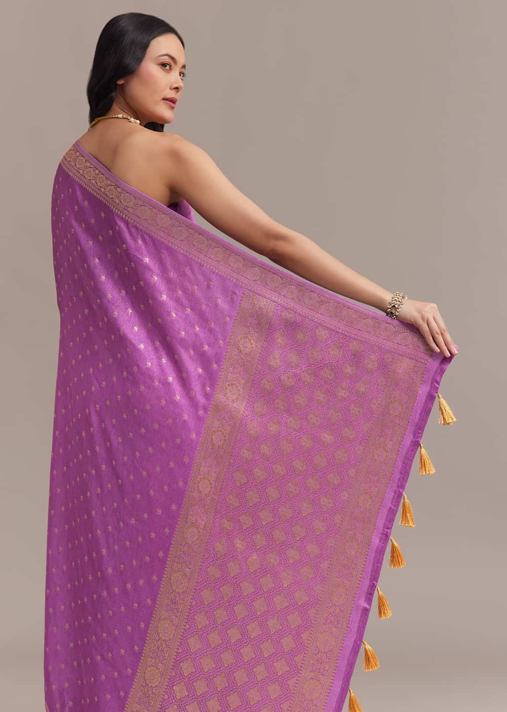 Violet Tissue Silk Saree With Butti Work And Chanderi Zari Border