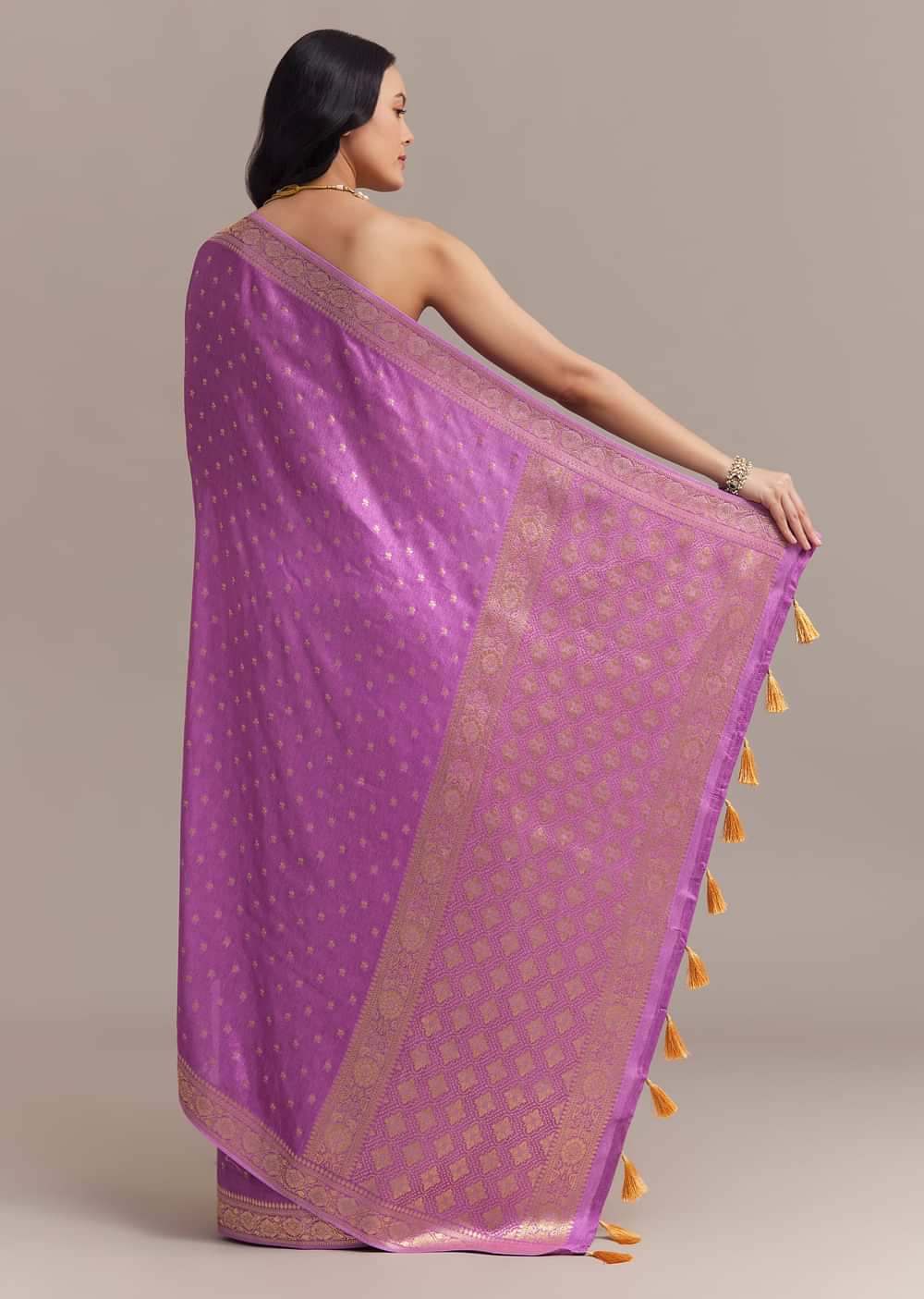 Violet Tissue Silk Saree With Butti Work And Chanderi Zari Border
