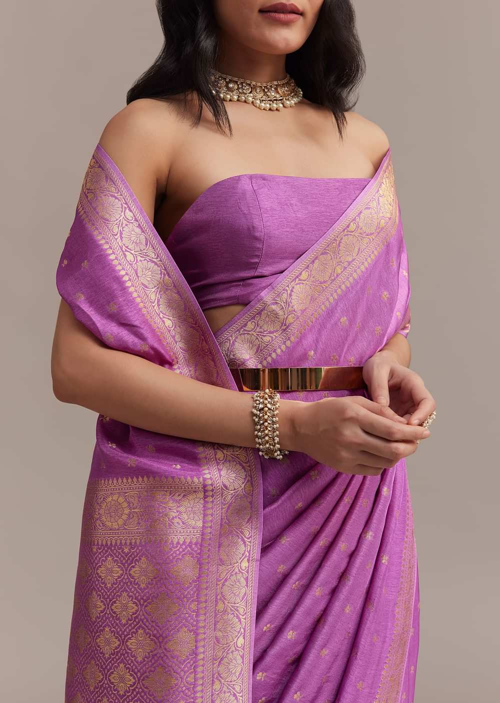 Violet Tissue Silk Saree With Butti Work And Chanderi Zari Border