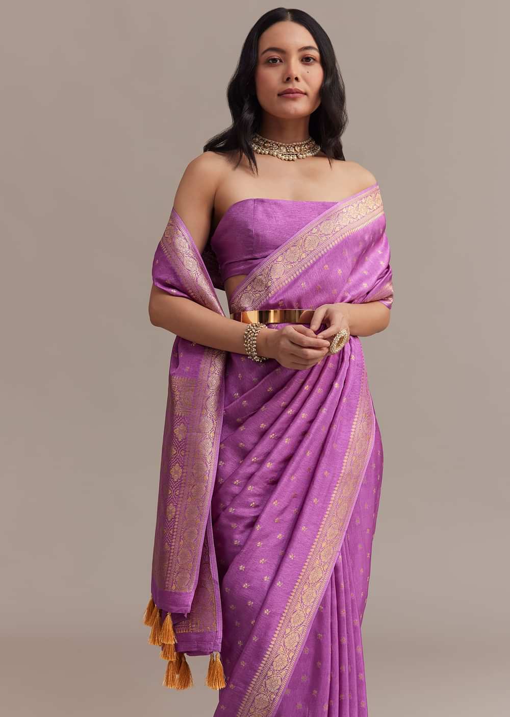Violet Tissue Silk Saree With Butti Work And Chanderi Zari Border