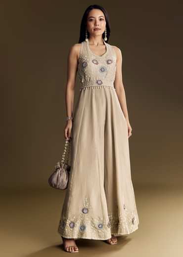 Warm Grey Indowestern Jumpsuit With Cut Dana And Sequin Embroidery