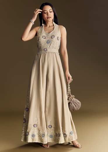 Warm Grey Indowestern Jumpsuit With Cut Dana And Sequin Embroidery