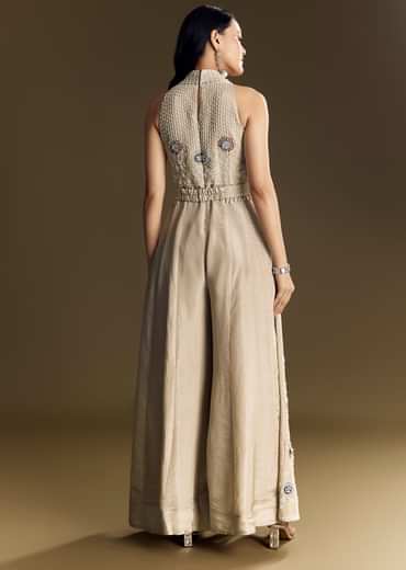 Warm Grey Indowestern Jumpsuit With Cut Dana And Sequin Embroidery