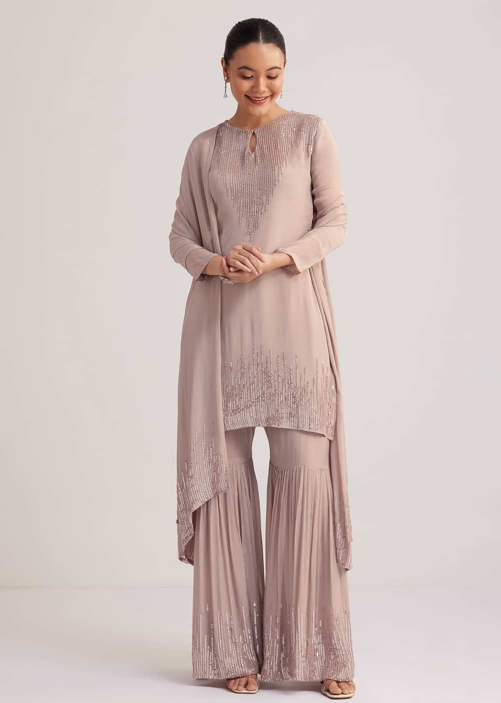 Warm Grey Sequined Chinon Sharara Set