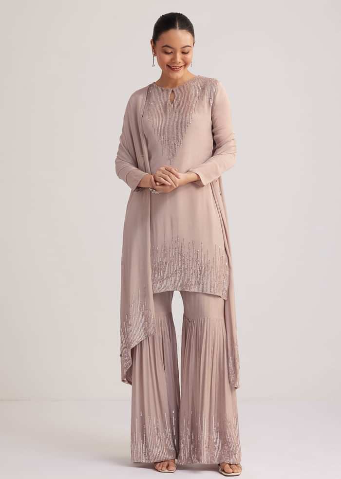 Warm Grey Sequined Chinon Sharara Set