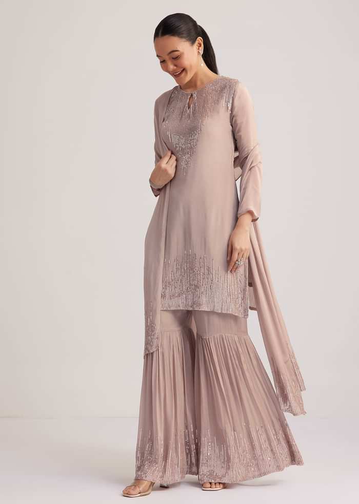 Warm Grey Sequined Chinon Sharara Set