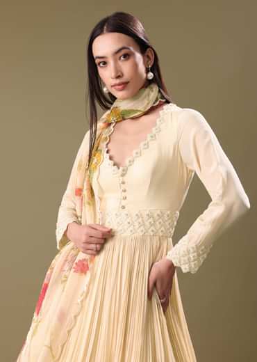 Warm Ivory Beaded Long Suit With Dupatta