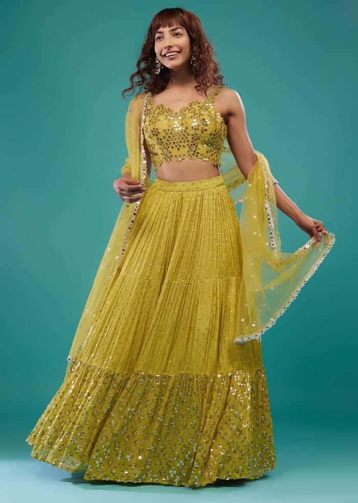 Lime Green Embroidered Lehenga Set In Chinon