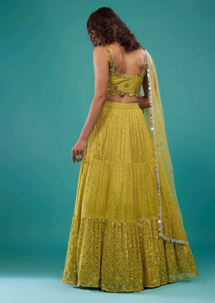 Lime Green Embroidered Lehenga Set In Chinon