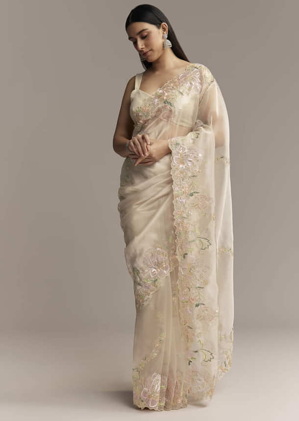 Water Gold Tissue Saree With Multicolor Floral Cutwork Embroidery