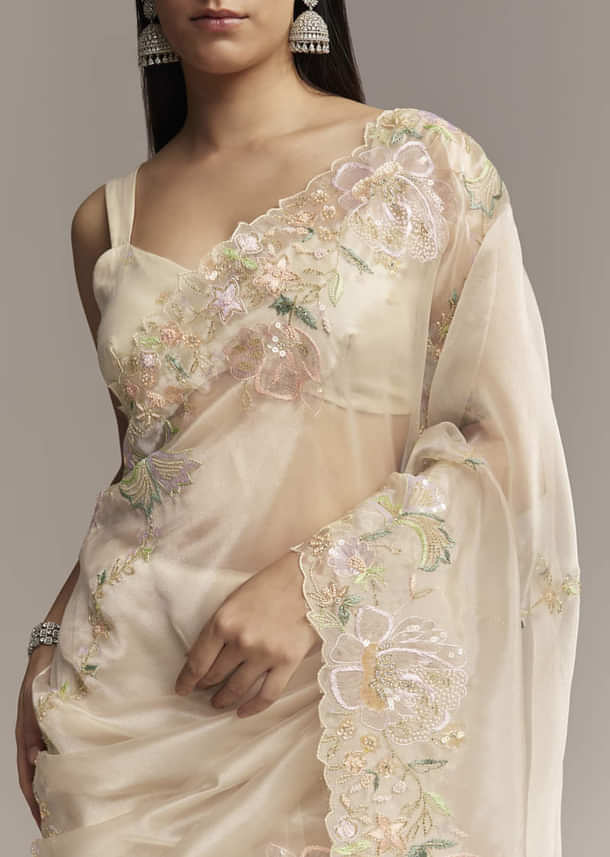 Water Gold Tissue Saree With Multicolor Floral Cutwork Embroidery