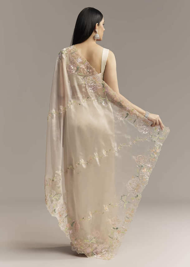 Water Gold Tissue Saree With Multicolor Floral Cutwork Embroidery