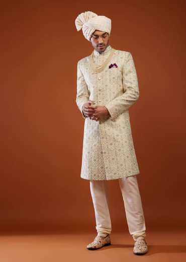 Beige White Embroidered Sherwani Set In Tussar Silk