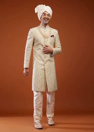 Beige White Embroidered Sherwani Set In Tussar Silk