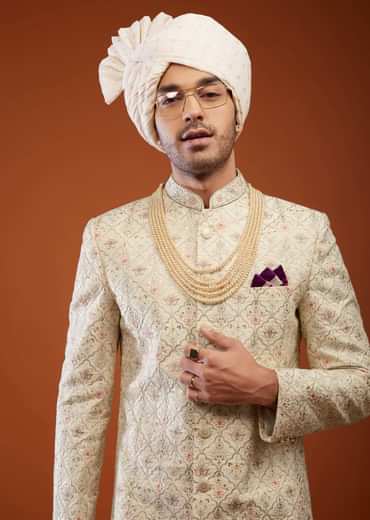 Beige White Embroidered Sherwani Set In Tussar Silk