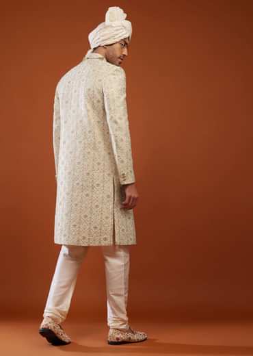 Beige White Embroidered Sherwani Set In Tussar Silk