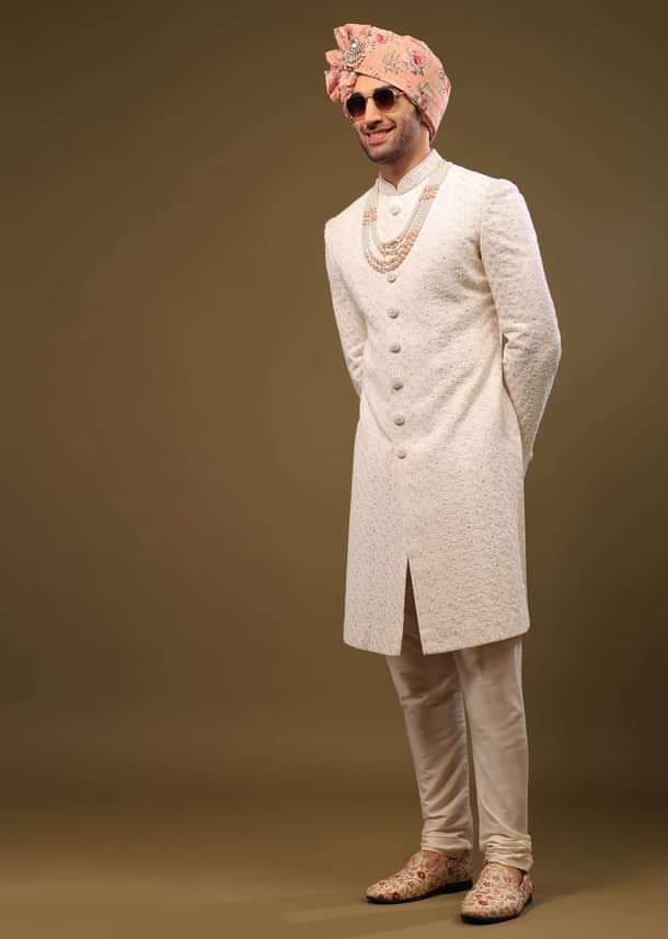 Nude White Lucknowi Sherwani Set In Zari And Cut-dana